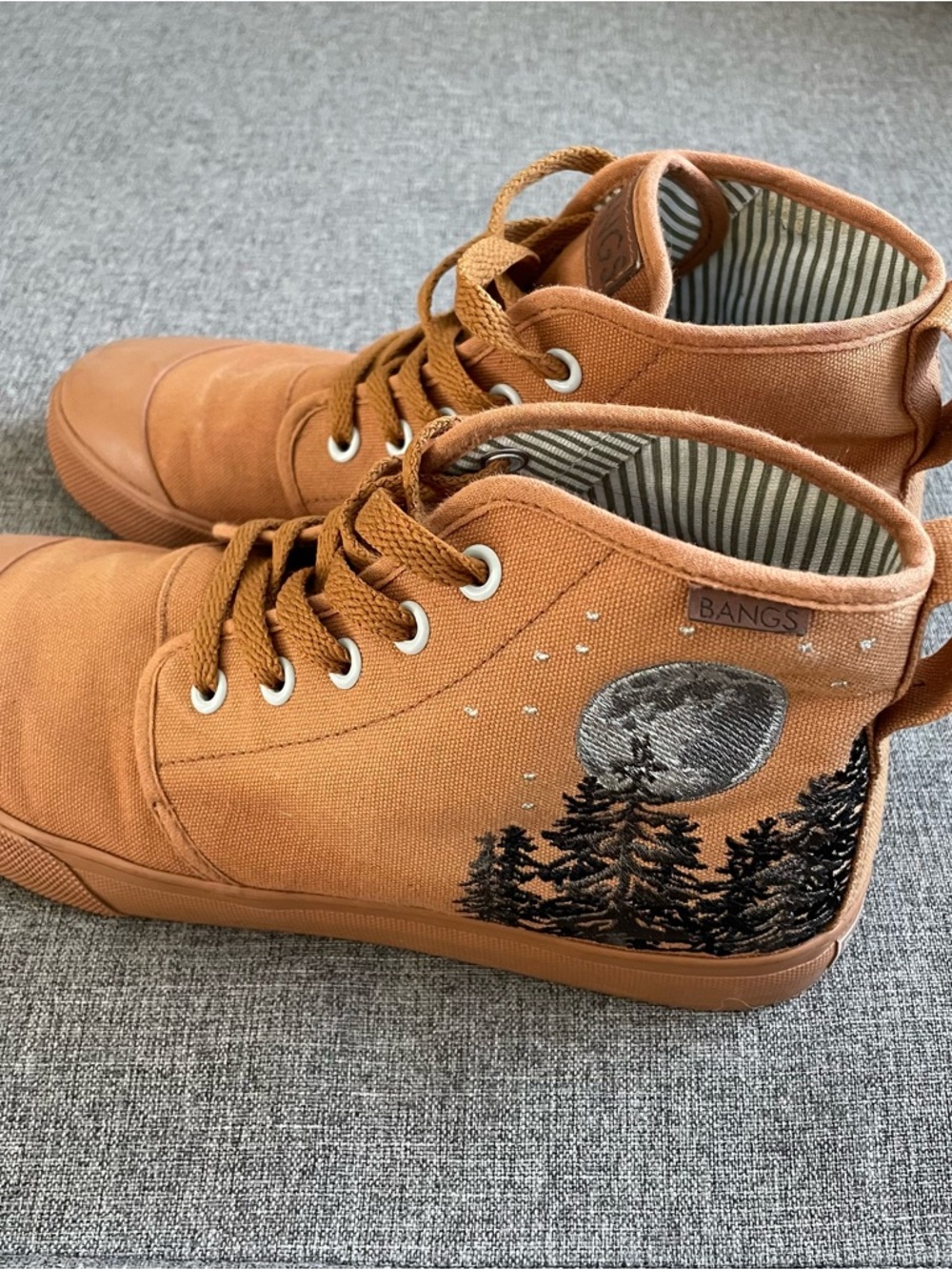 BANGS Women's Tan Canvas High-Top Sneakers with Moon & Tree Embroidery